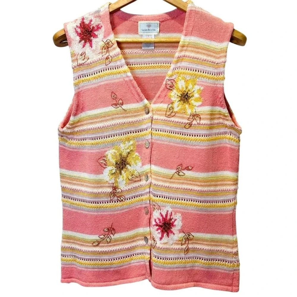 Vintage Susan‎ Bristol Floral Embroidered Sweater Vest Pink Stripe Cottagecore L - Picture 2 of 10